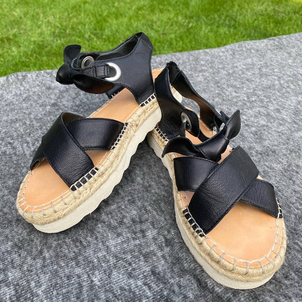Frye and CO. Lula Bow Buffalo Leather Black Platform Sandals Sz 7.5 Comfortable